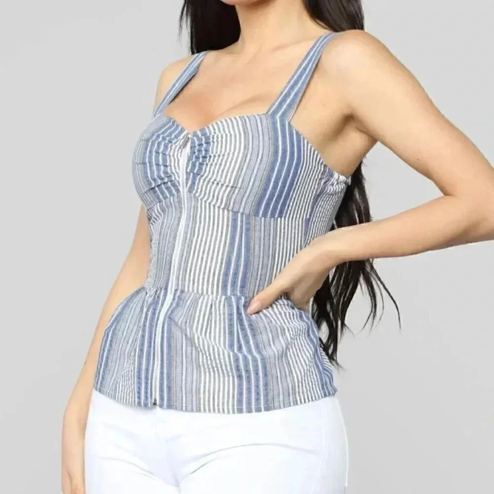 Mind Code Zip Front Blue‎ Striped Bustier Top Women's  Sz Medium
